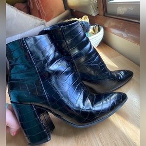 Worn in Steve Madden Croc block booties